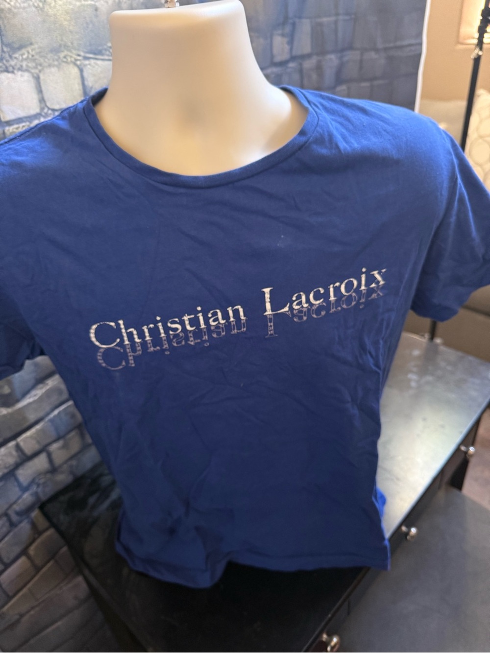 Christian Lacroix Blue Short Sleeve Logo Tee with Silver Print